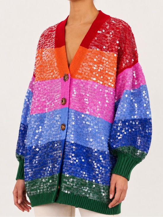 FARM Rio Sweaters - NWT FARM Rio Red, Orange, Pink, Purple & Green Sequin Striped Cardigan